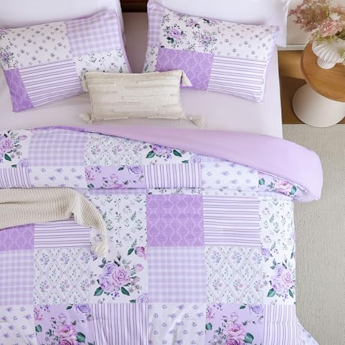 YIKUSH Purple Floral King Comforter Set, Soft Lightweight All Season Bedding Set for Women Girls, Cozy Cottagecore Botanical Comforter King Size with 2 Pillow Shams, Breathable Floral Bed Set