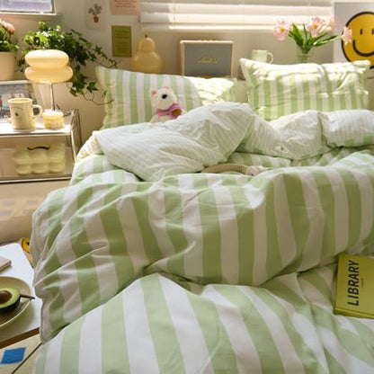 Green Striped Comforter Set Twin XL, 3 Piece Aesthetic Stripes Pattern Printed Comforter with 2 Pilliwcases, Soft Breathable Farmhouse Striped Bedding Comforter Lightweight Twin XL Comforter Set