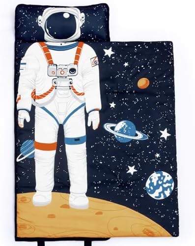 PHF Toddler Nap Mat with Removable Pillow and Minky Blanket, Rollup Design Kids Sleeping Mat, Slumber Bags for Boys, 50"x20" Toddler Sleeping Bag for Daycare Preschool Travel Camping, Astronaut