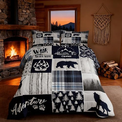 Manfei Deer Bear Kids Comforter Set Twin Size,Wolf Hunting Adventure Rustic Bedding Set for Boys Girls Adults Room Decor,Geometric Plaids Patchwork Down Comforter,Blue Xmas Duvet Insert,1 Pillowcase