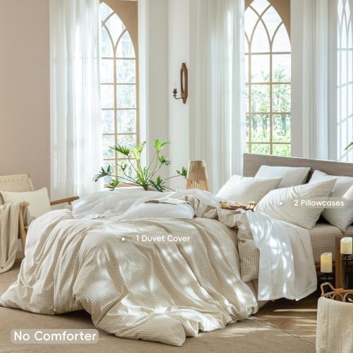 MooMee Gingham Duvet Cover Set 100% Washed Cotton Linen Like