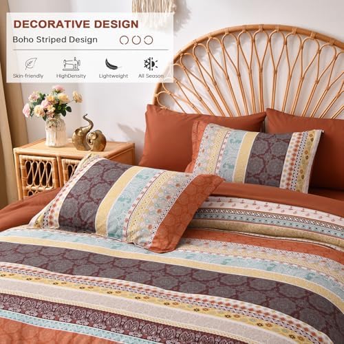 Cottolester Boho Full Comforter Set,Red and Orange Striped Bed in a Bag