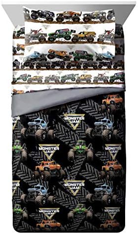 Jay franco Monster Jam Tracks 4 Piece Twin Bed Set - Includes Comforter & Sheet Set - Bedding Features Grave Digger & Megalodon - Super Soft Fade Resistant Microfiber (Official Monster Jam Product)