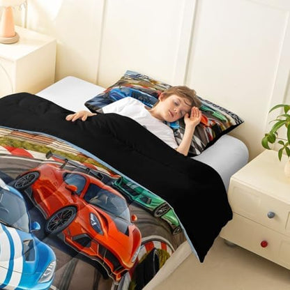 Feelyou Boys Race Car Bedding Set Soft for Boys Girls, Speed Sports Car Comforter Set Full Size Racing Extreme Sports Duvet Quilt Microfiber Automobile Bedroom Decor 3 Pcs with 2 Pillow Cases