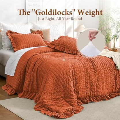 JOLLYVOGUE Burnt Orange Twin Size Comforter Set, 2 Pieces Seersucker Lightweight Fluffy Bedding Set, Twin Ruffle Comforter, All Season Soft Microfiber Shabby Chic Bed Set