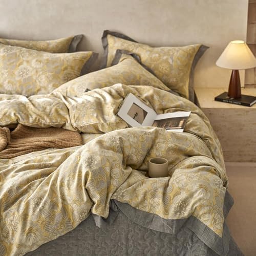 LifeTB Golden Floral Jacquard Duvet Cover Queen 3 Pieces Cotton Yarn-Dyed Textured Duvet Cover Vintage Flower Comforter Cover with Edge Design Boho Floral Bedding Duvet Cover with 2 Pillowcases