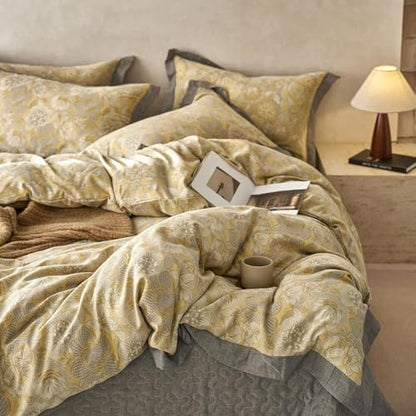 Golden Floral Duvet Cover Twin XL Vintage Jacquard Flower Bedding Set Linen Cotton Yarn-Dyed Textured Duvet Cover Bordered Farmhouse Boho Floral Comforter Cover with Zipper Closure Cozy Breathable
