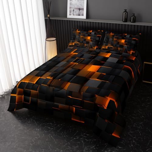 Nttopship Neon Yellow Black Comforter Set Full Geometric Kids Bedding Set,3 PCS Geometry Honeycomb Bed Set Modern Quilt Set 1 Comforter 2 Pillow Cases Cool Room Decor All Season B-Side Black