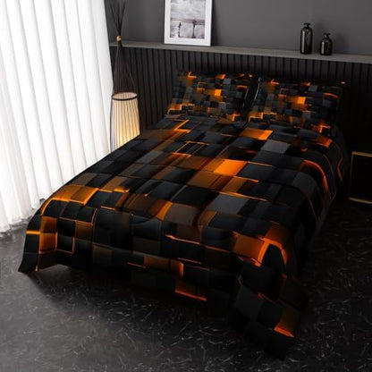 Nttopship Neon Yellow Black Comforter Set Full Geometric Kids Bedding Set,3 PCS Geometry Honeycomb Bed Set Modern Quilt Set 1 Comforter 2 Pillow Cases Cool Room Decor All Season B-Side Black