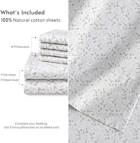RUVANTI 100% Cotton Percale King Sheets, Crisp and Soft, Botanica Living