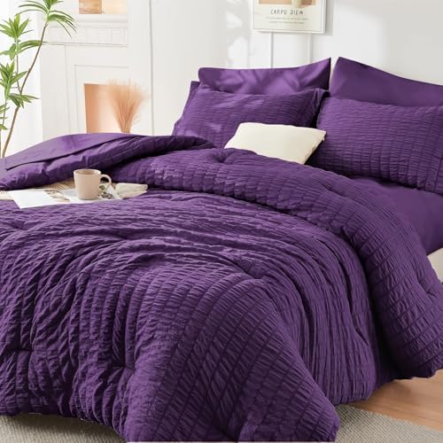 HYMOKEGE Dark Purple California King Comforter Set Seersucker 7 Pieces, All Season Luxury Bed in a Bag for Bedroom, Bedding Set with Comforter, Sheets, Pillowcases & Shams