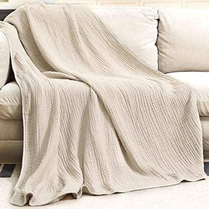 Yoofoss Muslin Blanket 100% Organic Cotton Large Twin Size 60" x 80" for Bed Couch Summer Gauze Blanket for Adults Lightweight and Breathable Apricot White