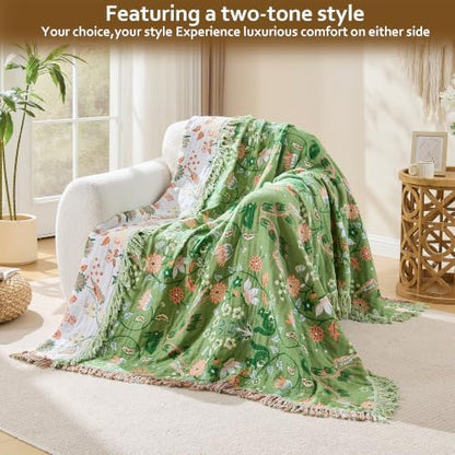 VANJOROY Boho Throw Blanket, 100% Organic Cotton Breathable Skin-Friendly Ultra Soft 60" x 80" Bed Quilt Green Throw - Floral Rustic Decor Luxury Reversible Blanket for Sofa Couch Chair and Gift,