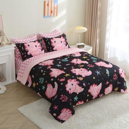 7 Piece Girls Axolotl Comforter Set for Kids Twin Size Kawaii Axolotl Bedding for Teen 3D Animals Colorful Bed Set Black