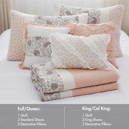 Madison Park 100% Cotton Quilt Set Floral Print, Double Sided Stitching, All Season, Lightweight Coverlet Shabby Chic Bedding Layer, Matching Shams, King/Cal King, Blush 6 Piece