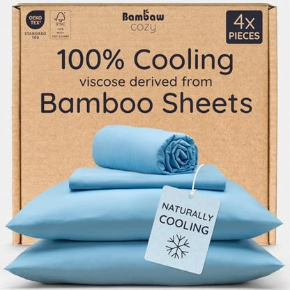 Bambaw 4pcs King Size Sheets Set – 100% Viscose Derived from Bamboo Sheets, Cooling Sheets King Size Deep Pocket Fits Up to 16'' with Elastic Corner Straps, Super Soft (Dream Blue)