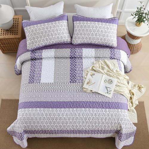 WONGS BEDDING Purple King Quilt Bedding Set, Bohemian Stripe Bedspread