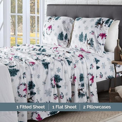 Elegant Comfort Luxuriously Soft 4-Piece Holiday Velvet Plush Flannel Sheet Set - Premium Quality - Cozy Warm, Christmas Fuzzy Velvet Flannel Fleece Deep Pocket Sheet Set - Cal King, Christmas Wreath