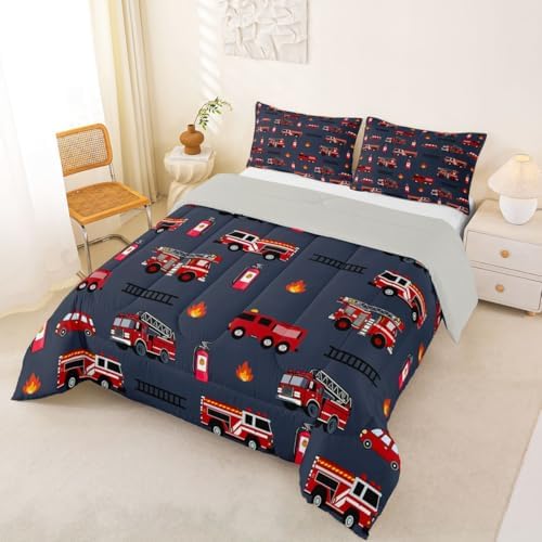 Feelyou Fire Truck Comforter Set King Size Emergency Fire Engine Bedding Set for Kids Boys Girls Firemen Car Vehicle Duvet Quilt Bedroom Decor Microfiber 3 Pcs with 2 Pillow Cases