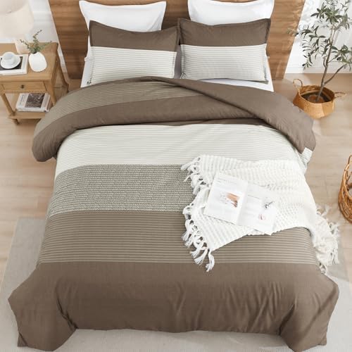 Litanika Coffee Oversized Queen Comforter Set - 3 Pieces Stripe Bed Set