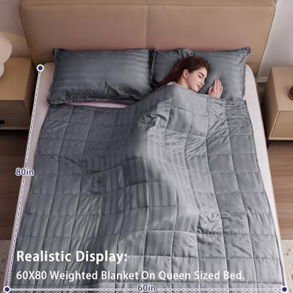 yescool Weighted Blanket for Adults (20 lbs, 60" x 80", Satin Grey Stripes) Heavy Blanket for Sleeping Perfect for 190-210 lbs, Queen Size Breathable Blanket with Premium Glass Bead, Machine Washable