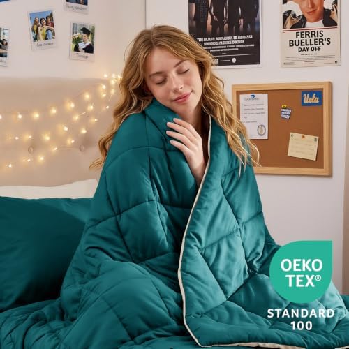 MUXHOMO 5 Pieces Twin XL Comforter Set, Reversible Bed in a Bag Twin XL Size, All Season Bedding Set with Comforter, Flat Sheet, Fitted Sheet, Pillowcases & Shams, Peacock Blue & Ivory