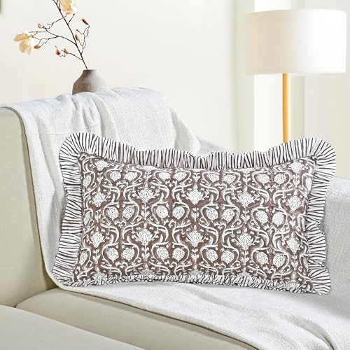 CPC Block Print Mocha Regal Ruffle Cotton Lumbar Pillow Cover 12x20 inch