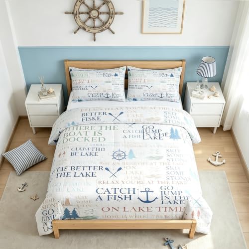 Nautical Anchor Bedding Set Full Size,Lake House Decor Comforter Set 3pcs for Kids Teens Adult Room Decor,Camping Quilt Ocean Rustic Farmhouse Style Duvet Insert with 2 Pillowcases,White Blue