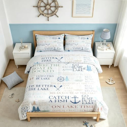 Nautical Anchor Bedding Set Full Size,Lake House Decor Comforter Set 3pcs for Kids Teens Adult Room Decor,Camping Quilt Ocean Rustic Farmhouse Style Duvet Insert with 2 Pillowcases,White Blue