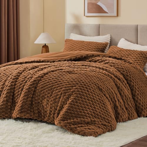 BEDELITE Fluffy Queen Comforter Set, Terracotta Fleece Bed Set 3 Pieces