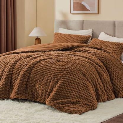 BEDELITE Fluffy Queen Comforter Set, Terracotta Fleece Bed Set 3 Pieces