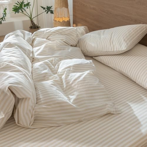 MooMee Striped Duvet Cover Set 100% Washed Cotton Linen Like King