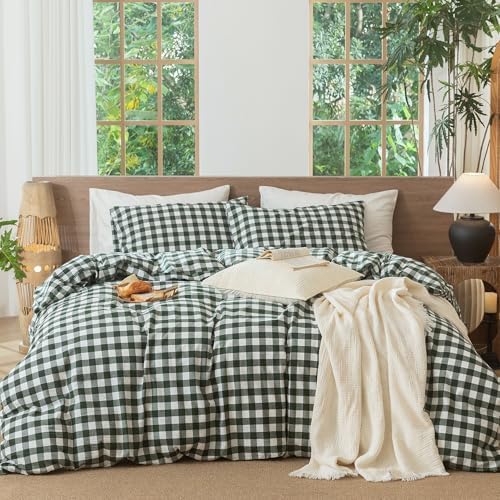 MooMee Gingham Duvet Cover Set 100% Washed Cotton Linen Like