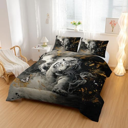 Nttopship White Tiger Comforter Set Queen Size，White Tiger Wild Animal 3 Pcs Bedding Set for Men Women Adults，3D Wildlife Animals Room Decor Ultra Soft with 1 Comforter and 2 Pillowcase