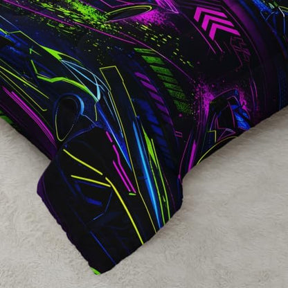 AILONEN Full Comforter Set 3 Piece, Electric Motorsport Graphic Futuristic Speed Scene, Smooth Microfiber Down Alternative Quilt with 2 Pillowcases for Studio Bedroom