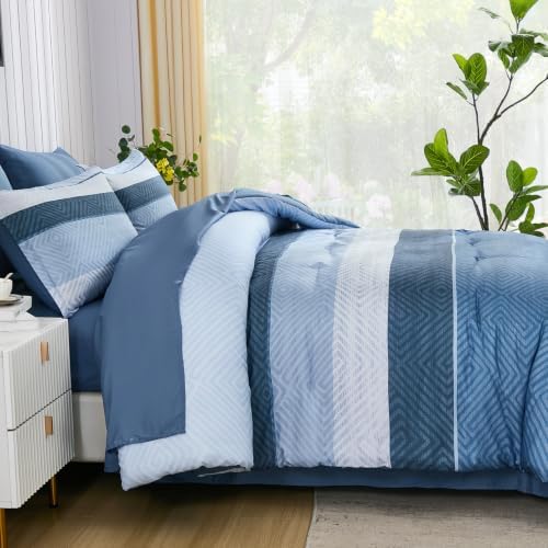 Comforter Set King Size 7 Piece Bed in a Bag Boho Haze Blue Striped Bedding Set Soft Microfiber Comforter and Sheet Set for All Season (King, 104"x90")