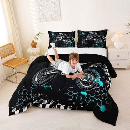 Castle Fairy Motocross Rider Queen Size Comforter Set,Honeycomb Geometric Abstract Teal Duvet Insert for Kids Teens Adults,Extreme Sport Games Bedding Comforters for Bedroom Decor,3 Pcs