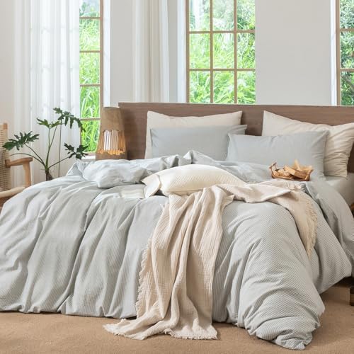MooMee Striped Duvet Cover Set 100% Washed Cotton Linen Like Cal King