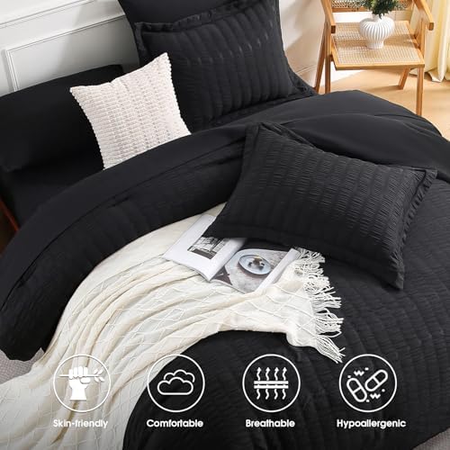 FreshCulture Twin Size Comforter Set Seersucker 5 Pieces, All Season Bedding Set Twin, Soft Bed in a Bag Comforter Set with Comforter, Flat Sheet, Fitted Sheet, Pillowcase and Pillow Sham, Black