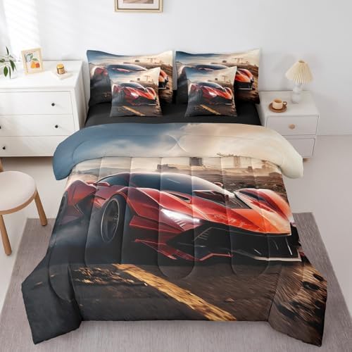 Erosebridal Red Race Car Bedding Set Full,Boys Racing Car Comforter Set,Extreme Sports Theme(Comforter+Fitted+Flat Sheet+2 Pillowcases+2 Throw Pillow Covers) 7 Pieces Teens Youth Toddler Bed Set