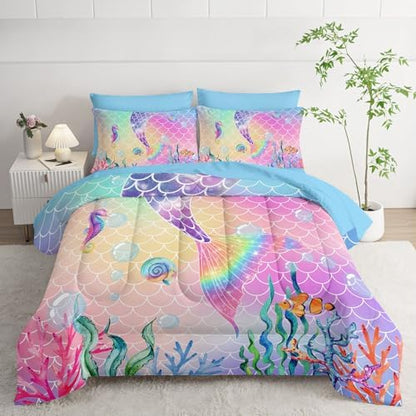 7Pcs Mermaid Tail Comforter Set Pink Scales Printed Bedding Set with 1 Comforter, 1 Flat Sheet, 1 Fitted Sheet and 4 Pillowcases for Boys and Girls Bedroom All Season(Full)