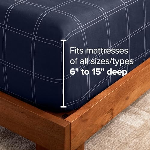 Bare Home Fitted Sheet (King, Modern Plaid - Midnight Blue/White)
