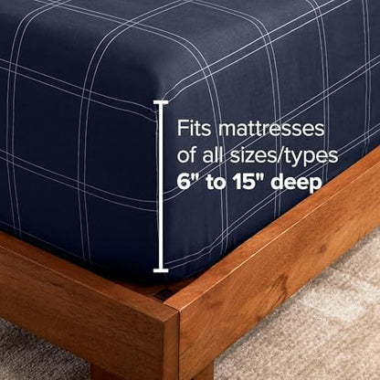 Bare Home Fitted Sheet (King, Modern Plaid - Midnight Blue/White)