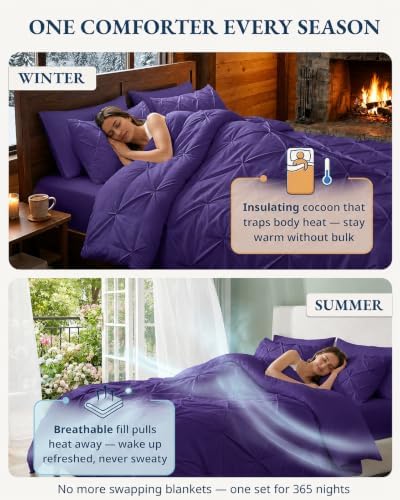 LANE LINEN 7 Piece King Comforter Set Purple Microfiber All Season