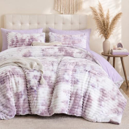 Smoofy Fluffy Twin Size Comforter 2 PCS - Tie Dye Purple Fleece Bedding Set