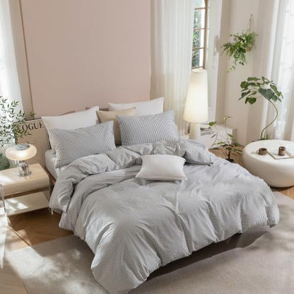 JIYUAN Oversized King Washed Cotton Duvet Cover Set, Linen-Like Pinstripe
