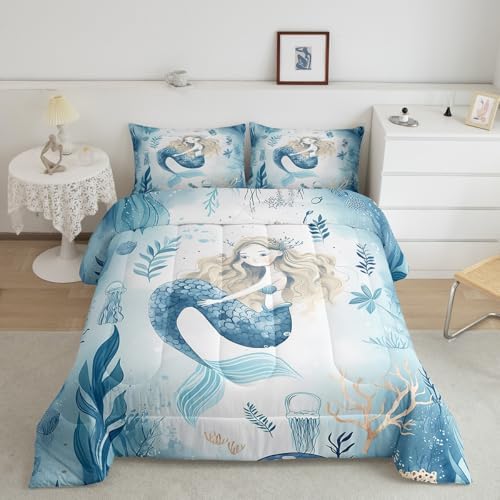 Homewish Cute Mermaid Comforter Set Full Size,Coral Shell Jellyfish Bedding Set 3Pcs for Kids Girls Boys Teens Room Decor,Sea Animals Quilt Set Blue White Watercolor Duvet Insert,2 Pillowcases