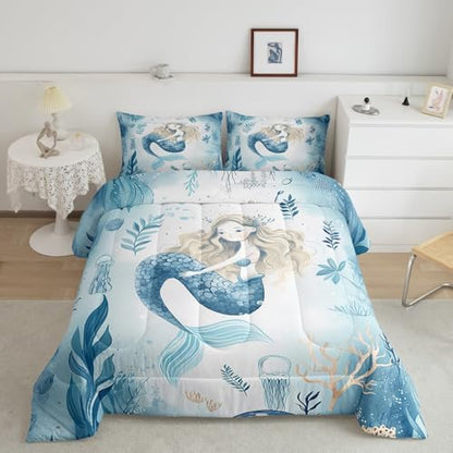 Homewish Cute Mermaid Comforter Set Full Size,Coral Shell Jellyfish Bedding Set 3Pcs for Kids Girls Boys Teens Room Decor,Sea Animals Quilt Set Blue White Watercolor Duvet Insert,2 Pillowcases