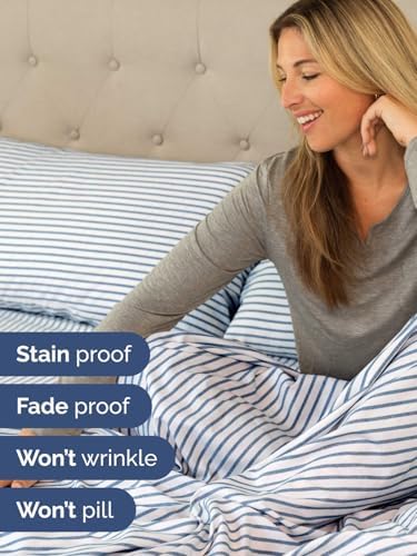 Extra Deep Queen Sheet Set - 4 Piece Breathable & Cooling - Blue Stripes