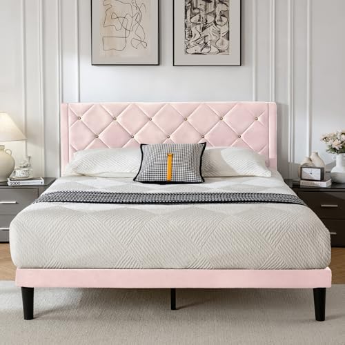 Queen Size Platform Bed Frame with Velvet Headboard